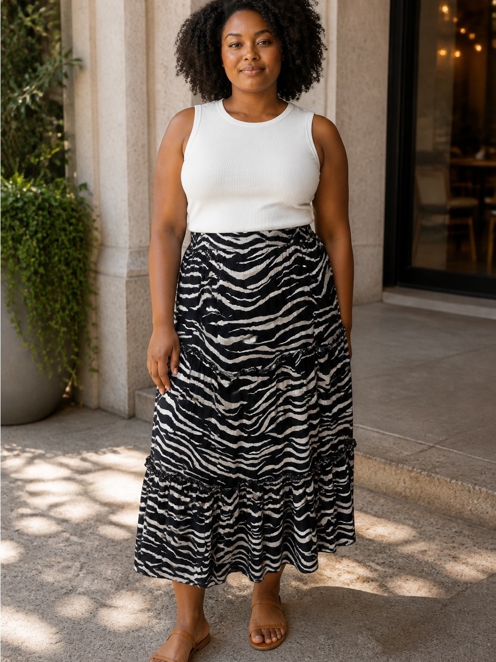 GEORGE Black & White Zebra Tiered Midi Skirt - Women size large
